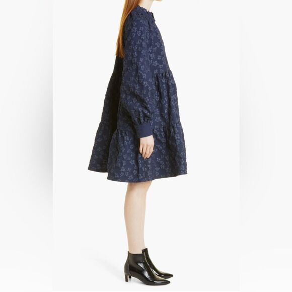 Stine Goya Navy Floral Jacquard Long Sleeve Jasmine Dress, Size Medium - Picture 4 of 8